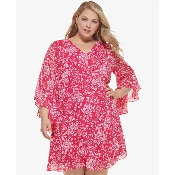 NWT Calvin Klein Hibiscus Chiffon Lined Ruffles Shift Dress Plus Sz 20W - Picture 1 of 14